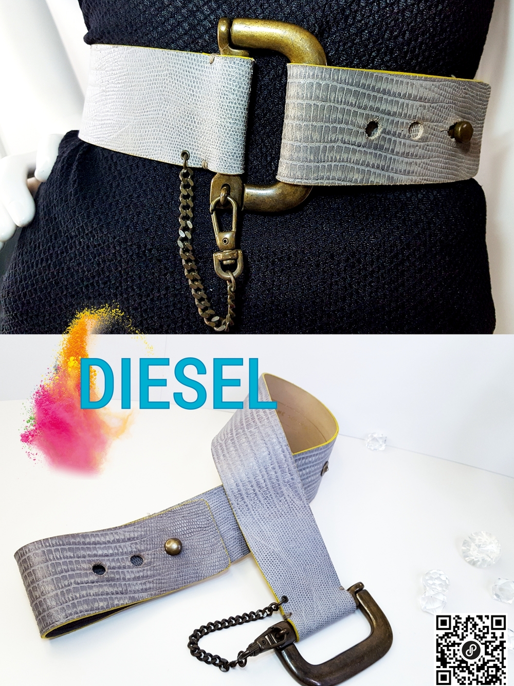 DIESEL☄Y2K-90's Gray Croc Leather Wide Highwaist Belt| Yellow Trim♡Brass Buckle